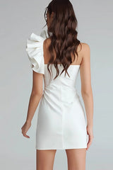 Yellow Satin One Shoulder Short Bodycon Homecoming Dress with Ruffles