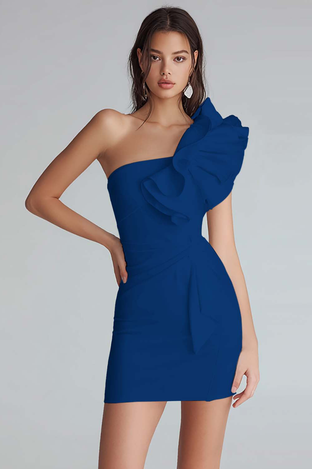 Yellow Satin One Shoulder Short Bodycon Homecoming Dress with Ruffles