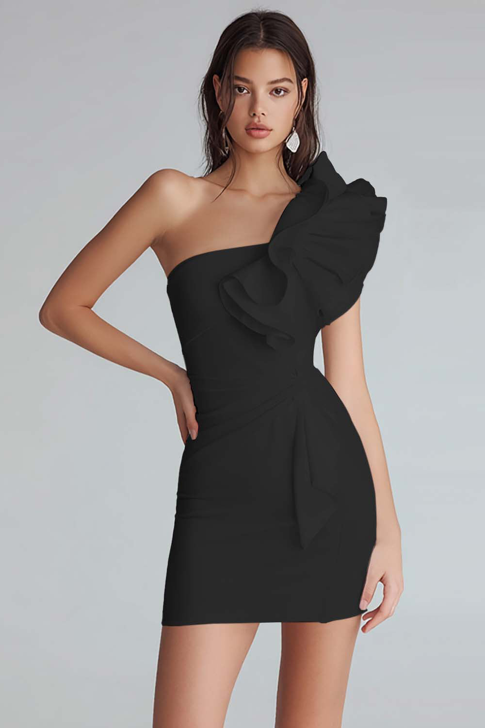 Yellow Satin One Shoulder Short Bodycon Homecoming Dress with Ruffles