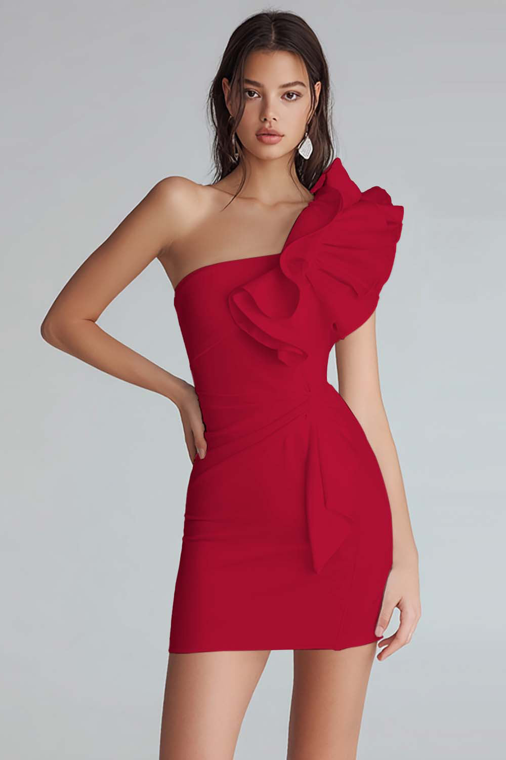 Yellow Satin One Shoulder Short Bodycon Homecoming Dress with Ruffles