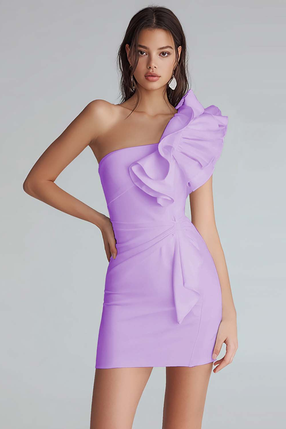 Yellow Satin One Shoulder Short Bodycon Homecoming Dress with Ruffles