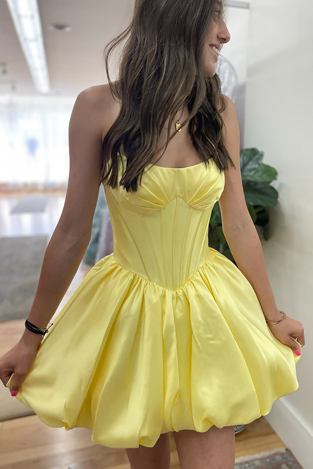 Dreamyannie Yellow Satin Strapless A Line Homecoming Dresses Short Corset Cocktail Dresses