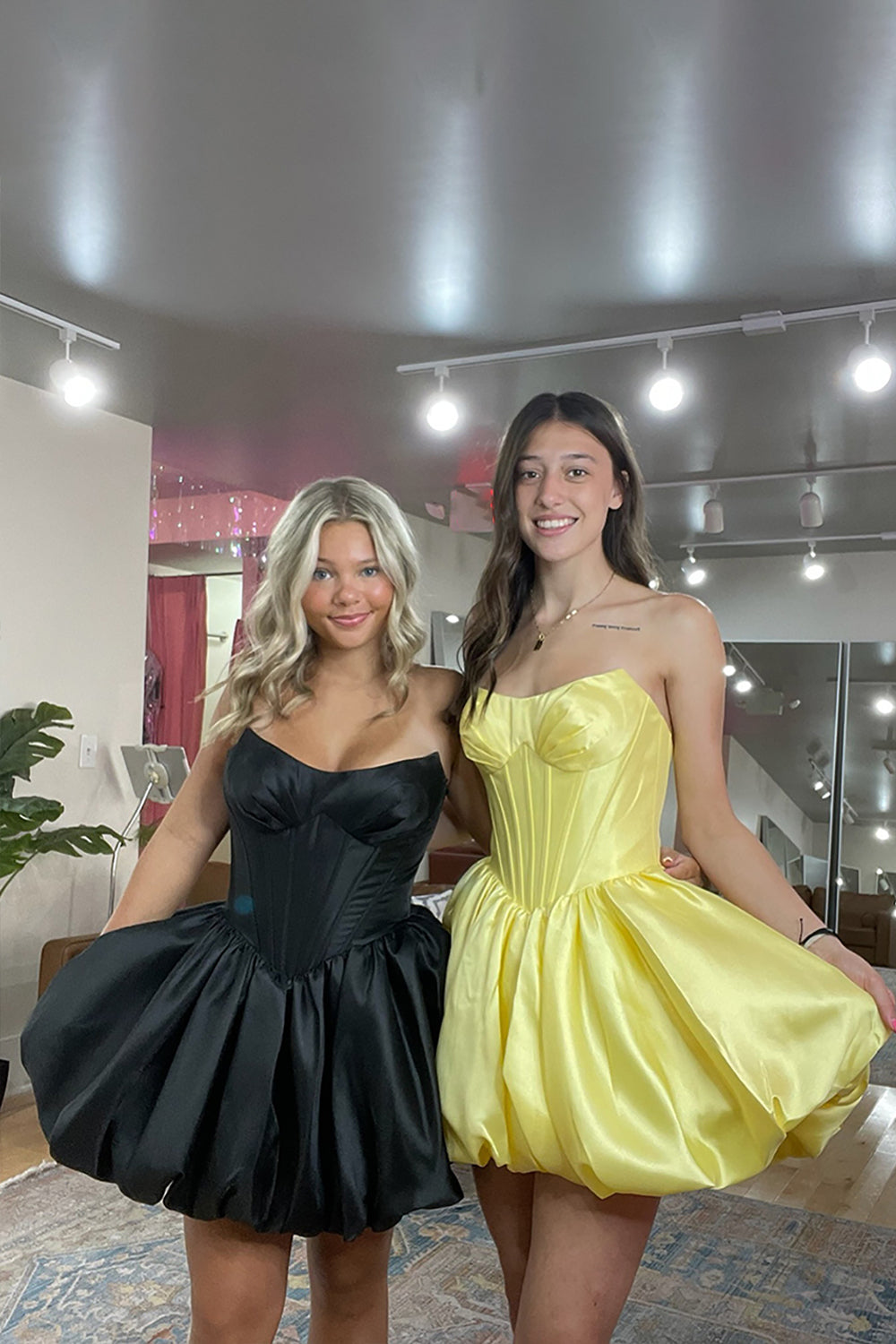 Dreamyannie Yellow Satin Strapless A Line Homecoming Dresses Short Corset Cocktail Dresses