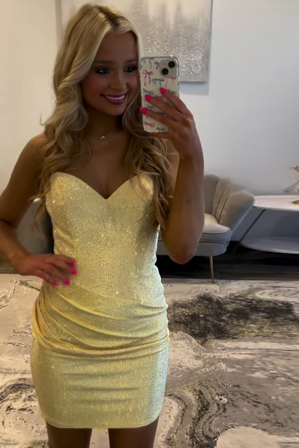 Dreamyannie Yellow Tight Homecoming Dresses Ruched Short Cocktail Dresses With Beading