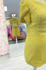 Dreamyannie Yellow Tight Homecoming Dresses Short Sleeves Tweed Cocktail Dresses With Pearl