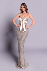 Dreamyannie Mermaid Prom Dress Silver Beaded Spaghetti Straps Plaid Formal Dress