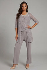 Dreamyannie Dusk Beaded Round Neck 3 Piece Mother Of The Bride Pant Suits With Jacket