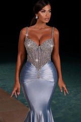 Dusty Blue Prom Dress Mermaid Spaghetti Straps Satin Rhinestones Formal Dress