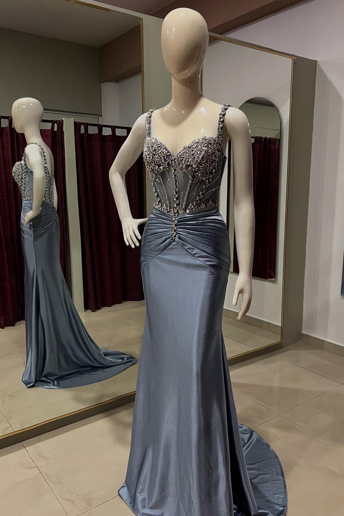 Dusty Blue Prom Dress Mermaid Spaghetti Straps Satin Rhinestones Formal Dress