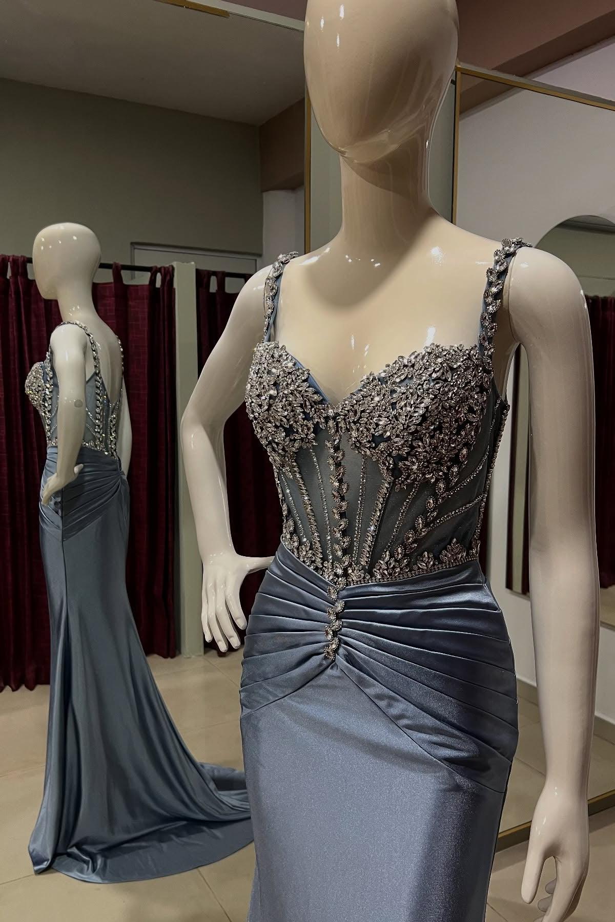 Dusty Blue Prom Dress Mermaid Spaghetti Straps Satin Rhinestones Formal Dress