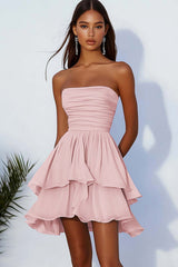Sky Blue Chiffon Strapless A Line Short Homeoming Dress with Ruffles