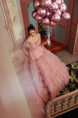 Dusty Rose A Line Strapless Off The Shoulder Sleeves Sweep Train Ball Gown Tulle Formal Dress