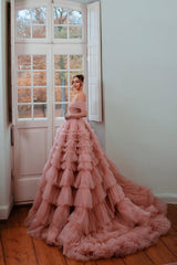 Dusty Rose A Line Strapless Off The Shoulder Sleeves Sweep Train Ball Gown Tulle Formal Dress