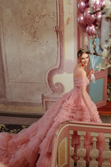 Dusty Rose A Line Strapless Off The Shoulder Sleeves Sweep Train Ball Gown Tulle Formal Dress