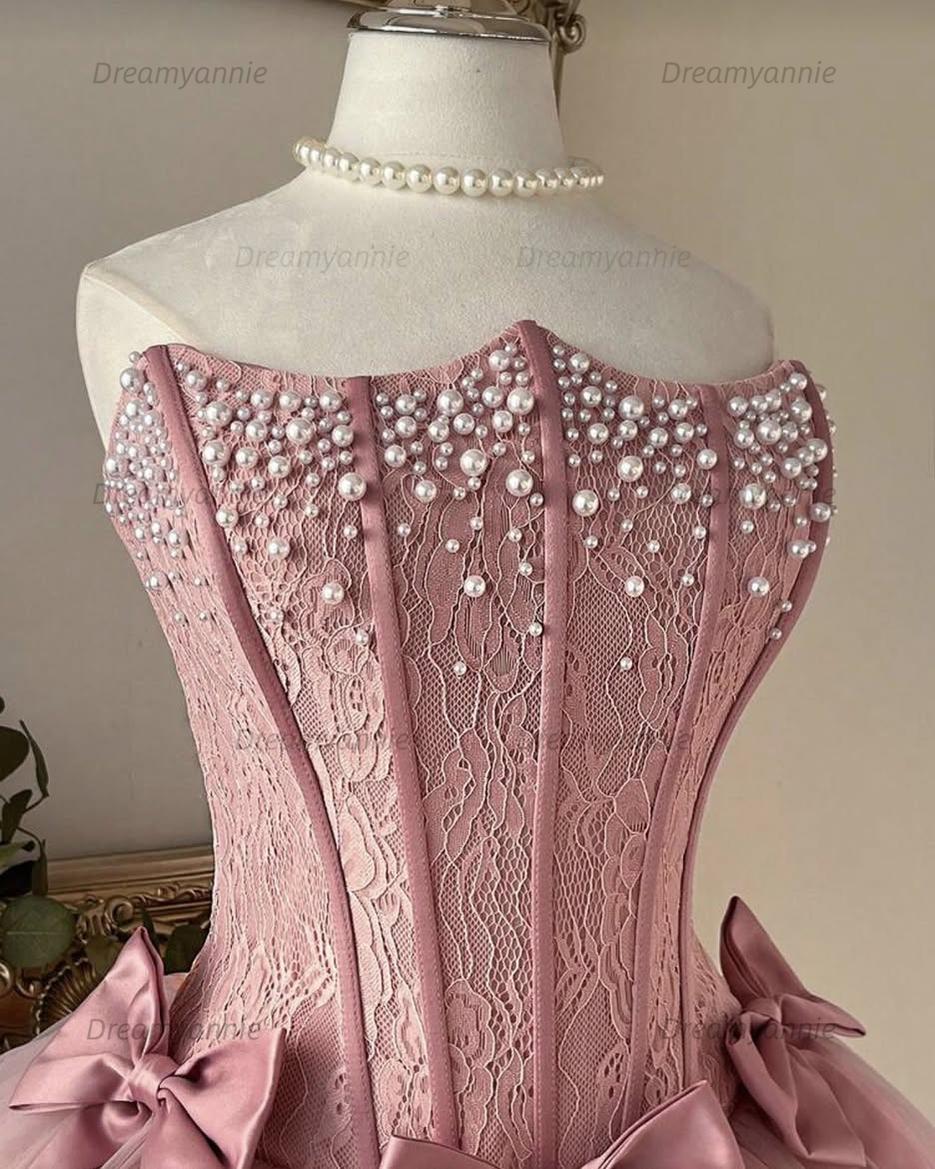 Dusty Rose Pearl Lace Corset Homecoming Dress with Triple Bow & Tulle Skirt