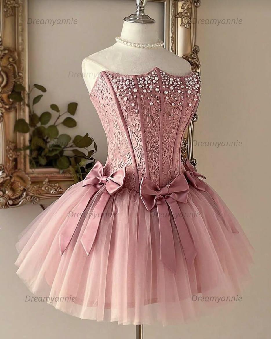 Dusty Rose Pearl Lace Corset Homecoming Dress with Triple Bow & Tulle Skirt