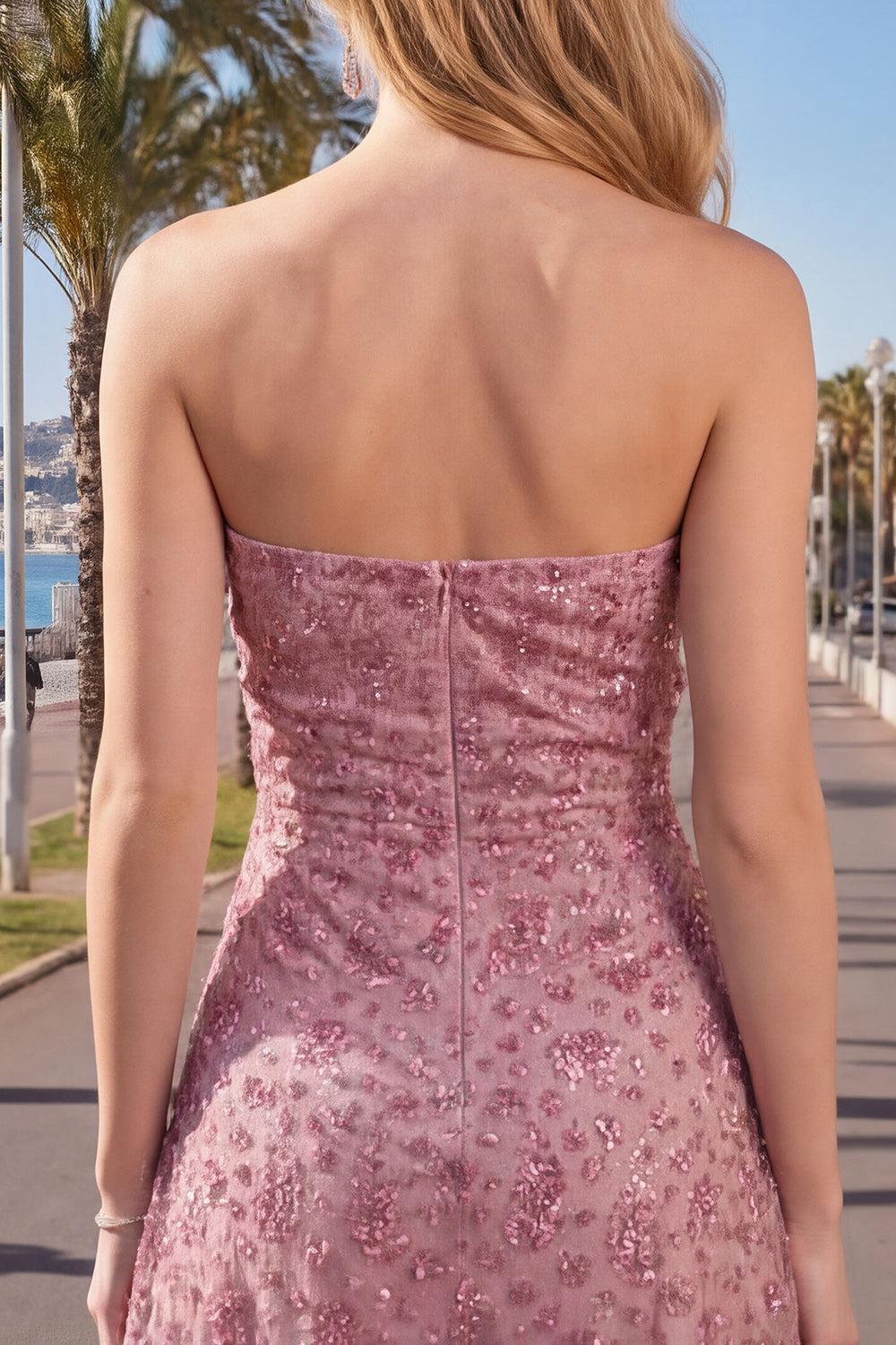 Dusty Rose Sparkly Beaded Ruched Strapless Short Homecoming Dress