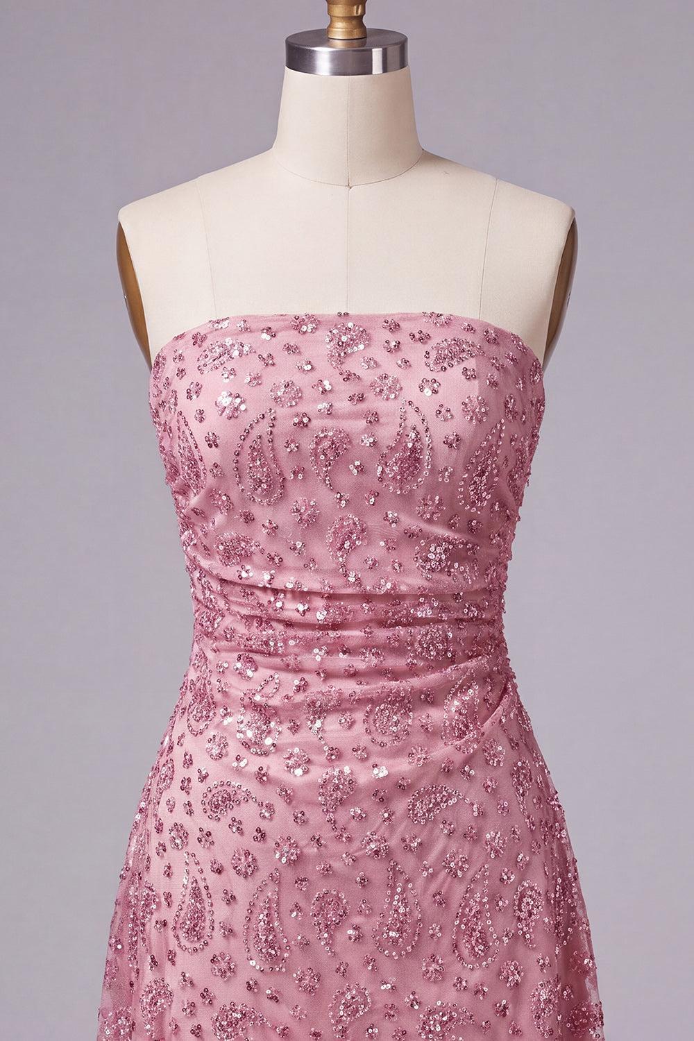 Dusty Rose Sparkly Beaded Ruched Strapless Short Homecoming Dress