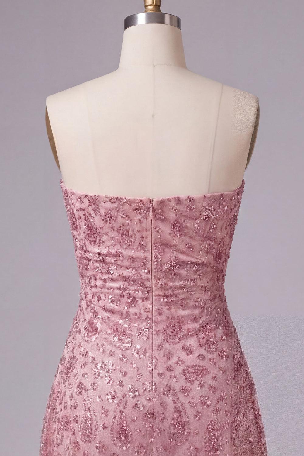 Dusty Rose Sparkly Beaded Ruched Strapless Short Homecoming Dress