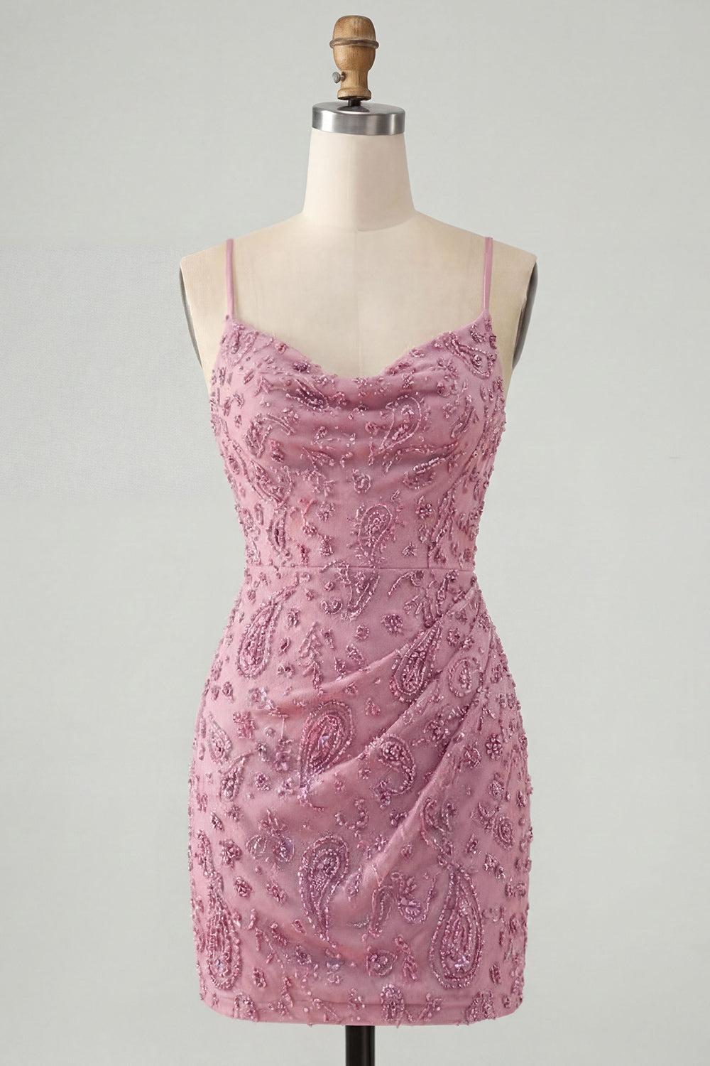 Dusty Rose Sparkly Beaded Ruched Tight Cowl Neck Short Homecoming Dress