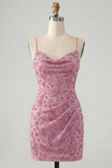 Dusty Rose Sparkly Beaded Ruched Tight Cowl Neck Short Homecoming Dress