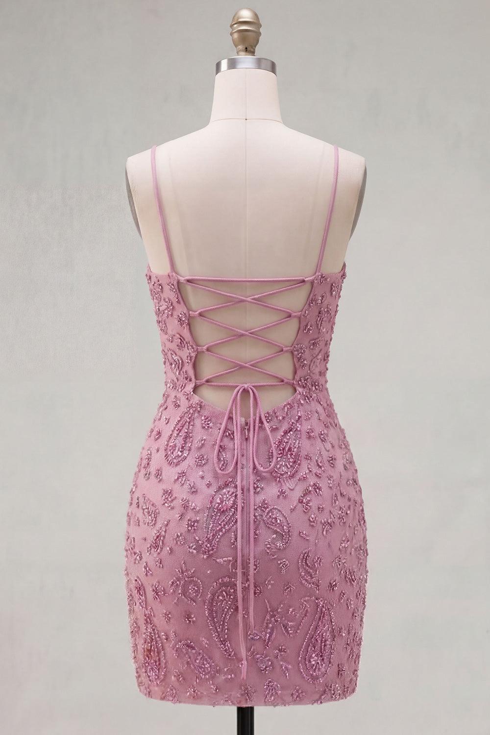 Dusty Rose Sparkly Beaded Ruched Tight Cowl Neck Short Homecoming Dress