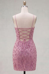 Dusty Rose Sparkly Beaded Ruched Tight Cowl Neck Short Homecoming Dress