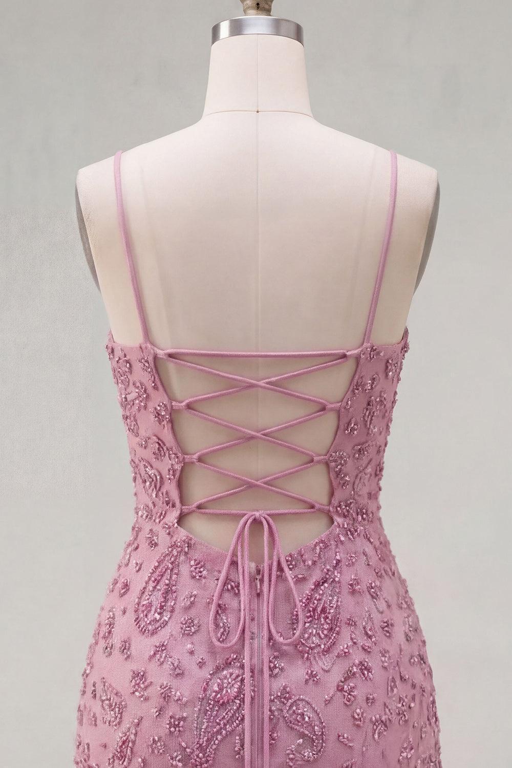 Dusty Rose Sparkly Beaded Ruched Tight Cowl Neck Short Homecoming Dress