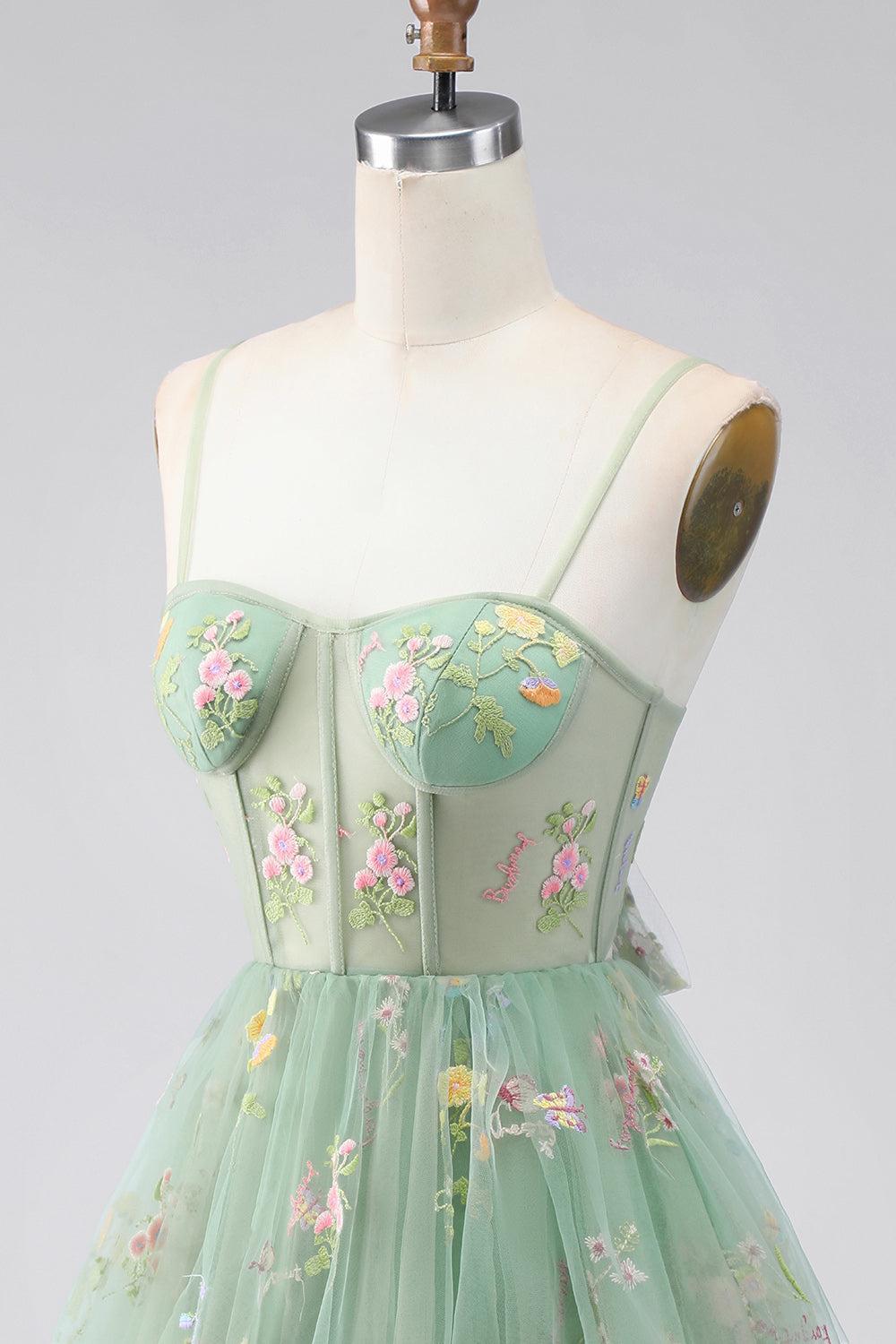 Dusty Sage Floral Corset A Line Short Homecoming Dress with Ruffles