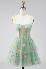 Dusty Sage Floral Corset A Line Short Homecoming Dress with Ruffles