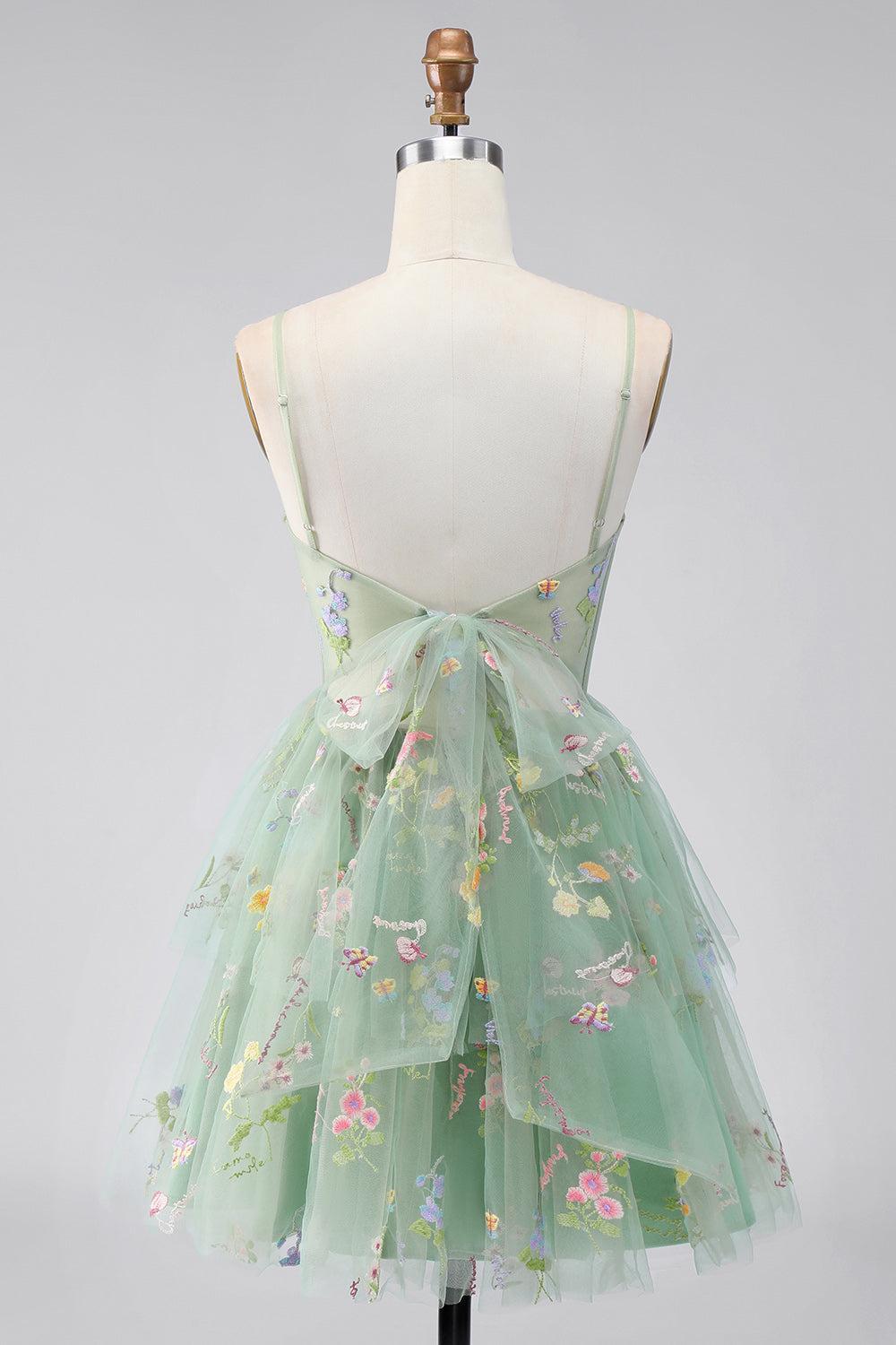 Dusty Sage Floral Corset A Line Short Homecoming Dress with Ruffles