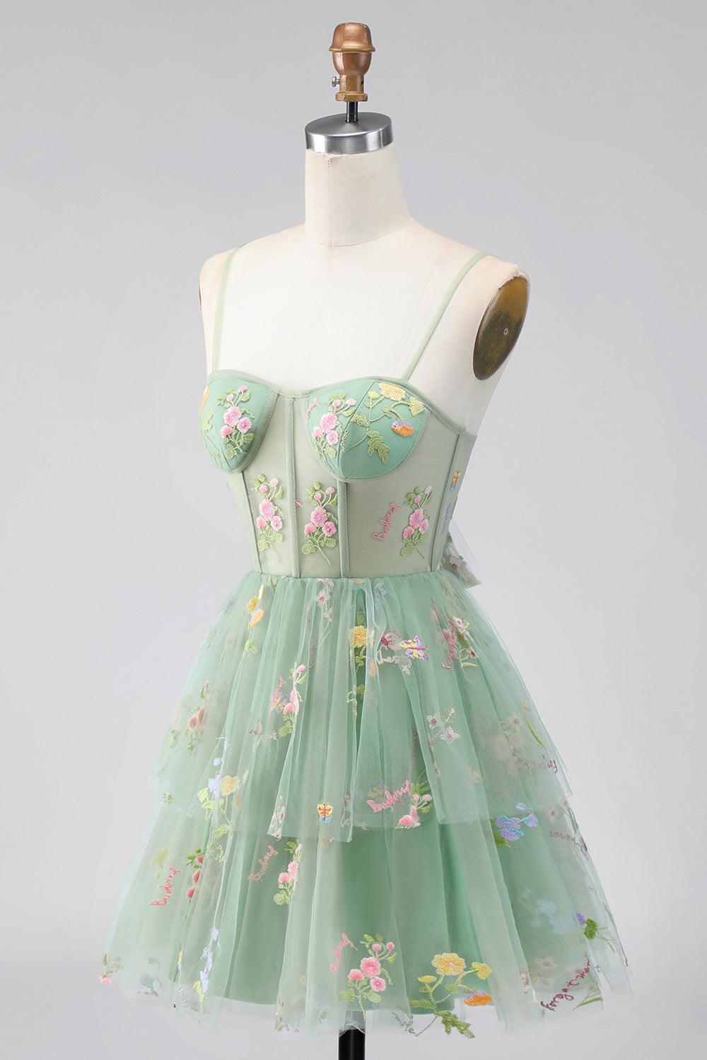 Dusty Sage Floral Corset A Line Short Homecoming Dress with Ruffles