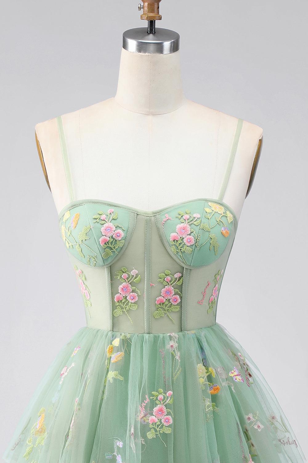 Dusty Sage Floral Corset A Line Short Homecoming Dress with Ruffles