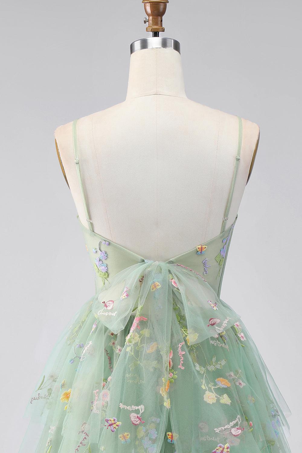 Dusty Sage Floral Corset A Line Short Homecoming Dress with Ruffles