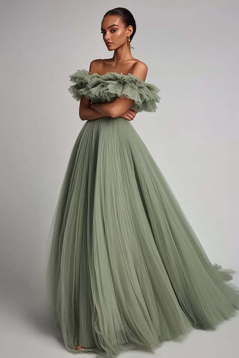 Dusty Sage Formal Dress Tulle A Line Long Wedding Guest Dress With Ruffles