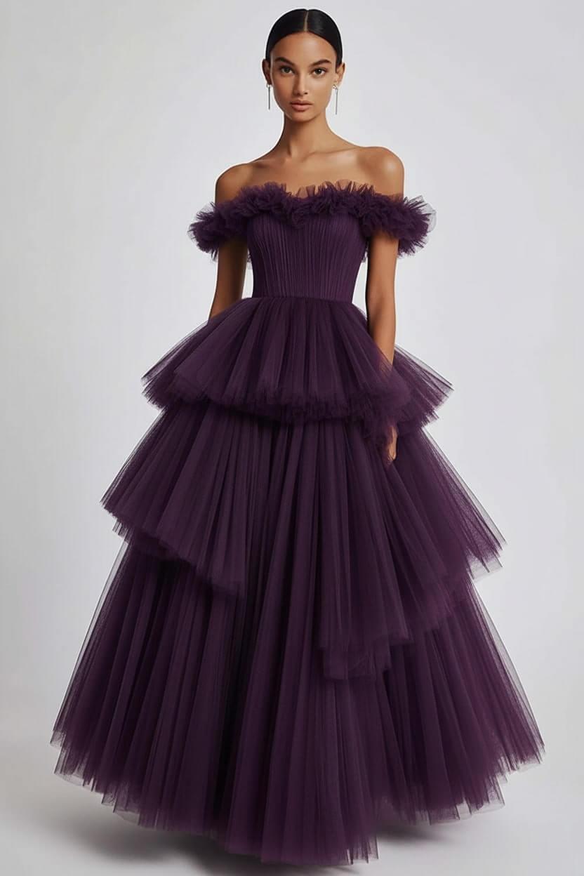 Dusty Sage Formal Dress Tulle Off The Shoulder Ball Gown Wedding Guest Dress With Ruffles
