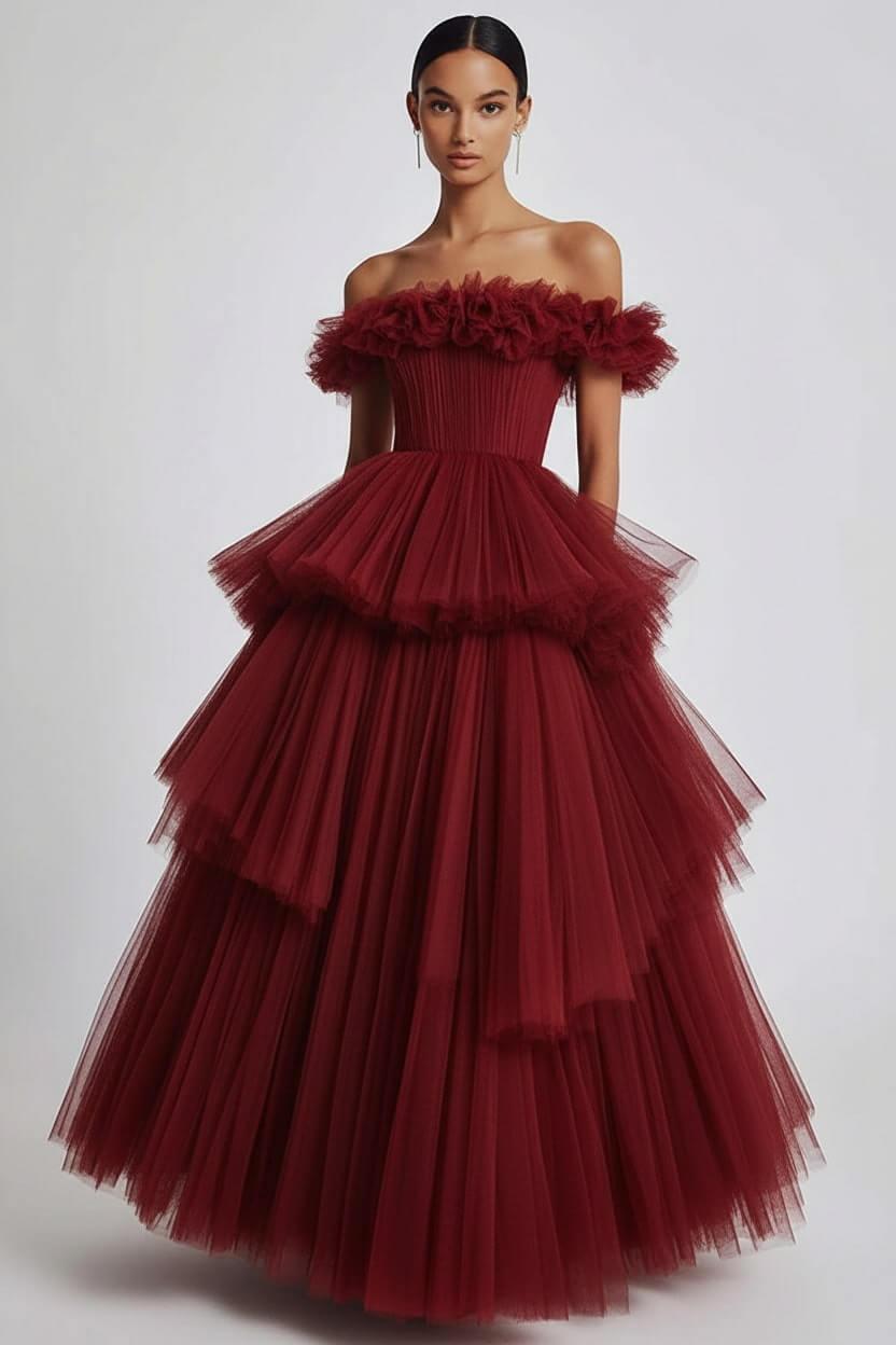 Dusty Sage Formal Dress Tulle Off The Shoulder Ball Gown Wedding Guest Dress With Ruffles