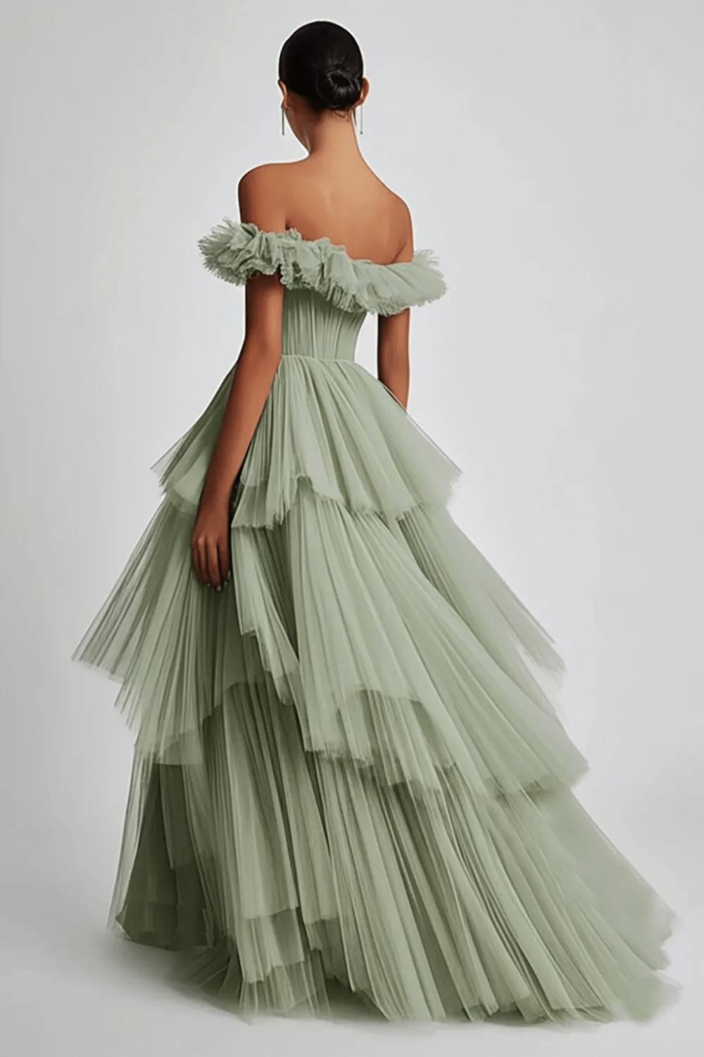 Dusty Sage Formal Dress Tulle Off The Shoulder Ball Gown Wedding Guest Dress With Ruffles