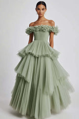 Dusty Sage Formal Dress Tulle Off The Shoulder Ball Gown Wedding Guest Dress With Ruffles