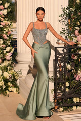 Dusty Sage Prom Dress Mermaid Spaghetti Straps Lace Beading Sleeveless Formal Dress