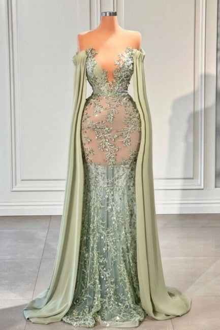 Dusty Sage Prom Dress Off The Shoulder Mermaid Lace V Neck Formal Dress