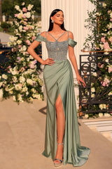 Dusty Sage Prom Dress Spaghetti Straps Lace Beading Formal Dress With Slit