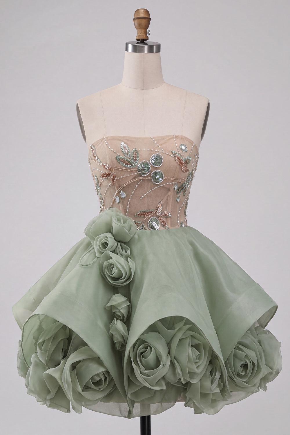 Dusty Sage Sparkly Beaded A Line Corset Short Homecoming Dress with 3D Flowers