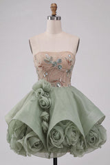 Dusty Sage Sparkly Beaded A Line Corset Short Homecoming Dress with 3D Flowers