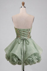 Dusty Sage Sparkly Beaded A Line Corset Short Homecoming Dress with 3D Flowers