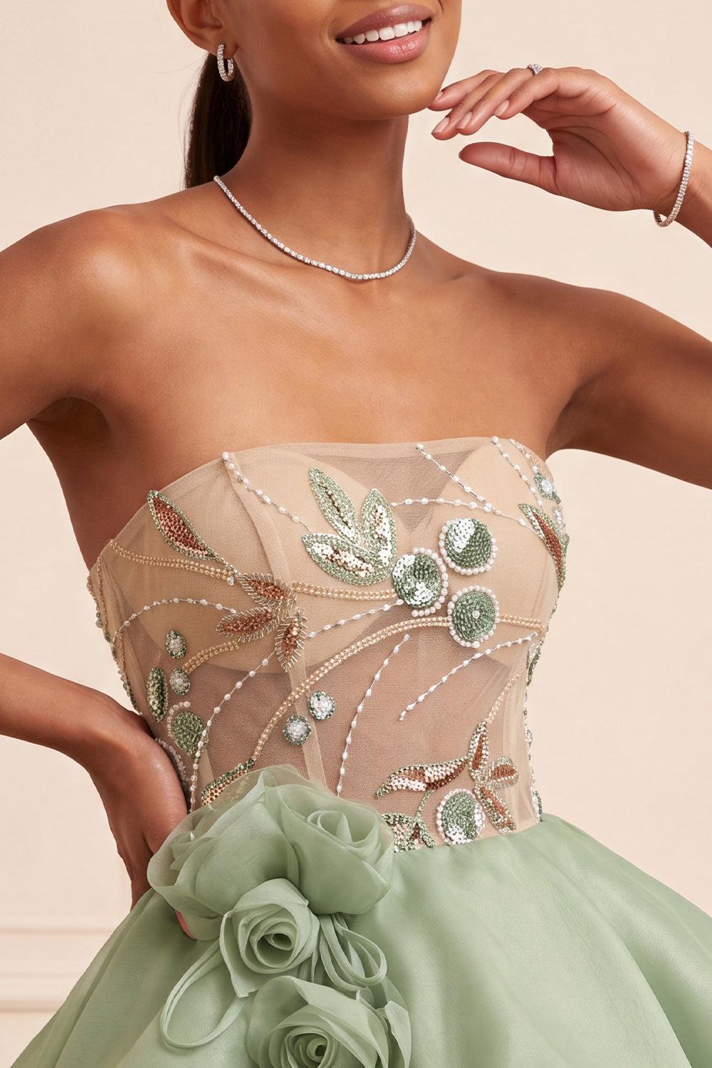 Dusty Sage Sparkly Beaded A Line Corset Short Homecoming Dress with 3D Flowers