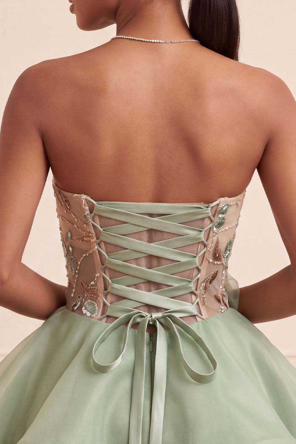 Dusty Sage Sparkly Beaded A Line Corset Short Homecoming Dress with 3D Flowers