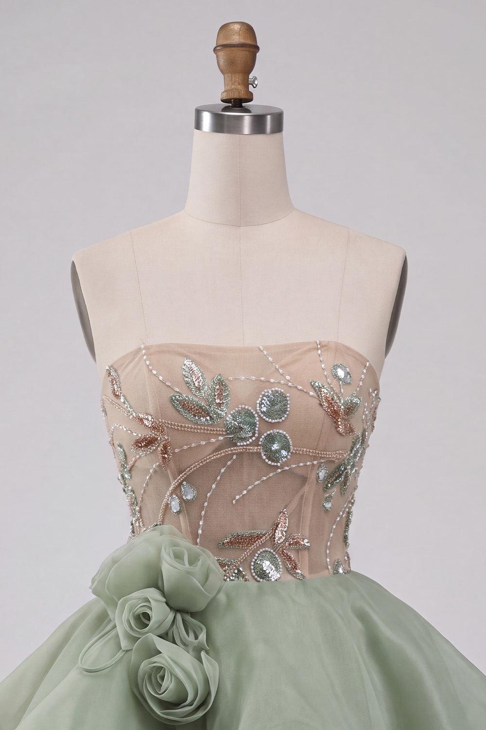 Dusty Sage Sparkly Beaded A Line Corset Short Homecoming Dress with 3D Flowers