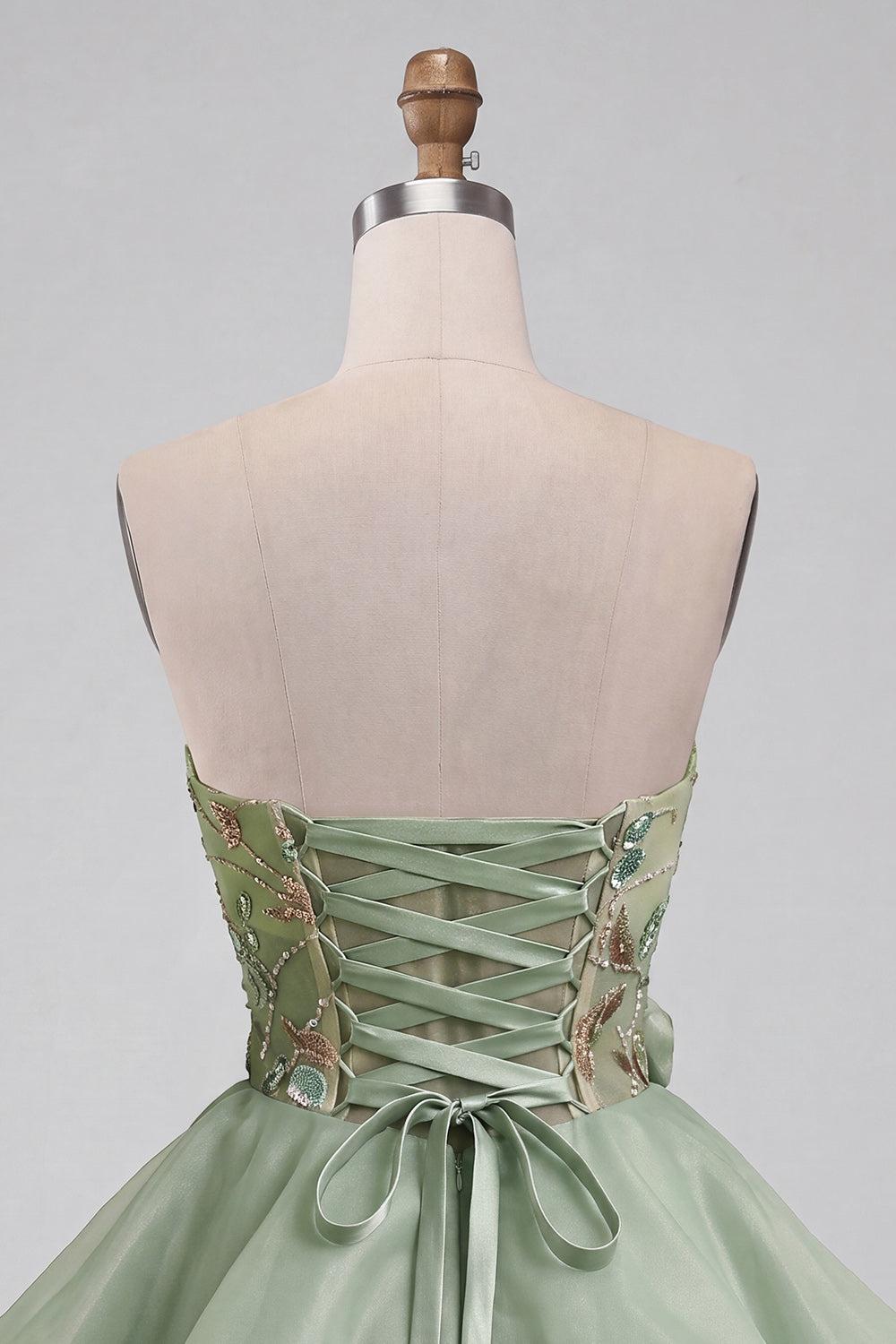 Dusty Sage Sparkly Beaded A Line Corset Short Homecoming Dress with 3D Flowers