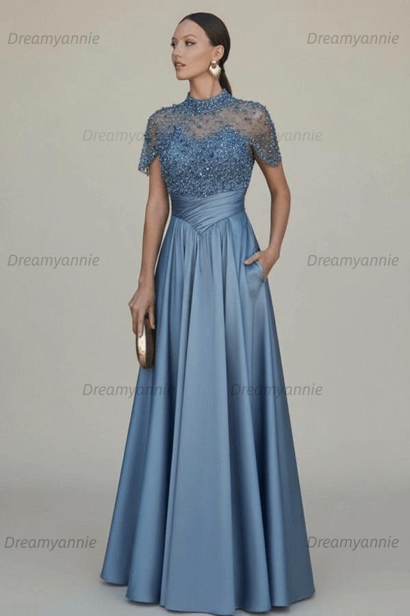 Green A Line Prom Dress Short Sleeve High Neck Beaded Formal Dress